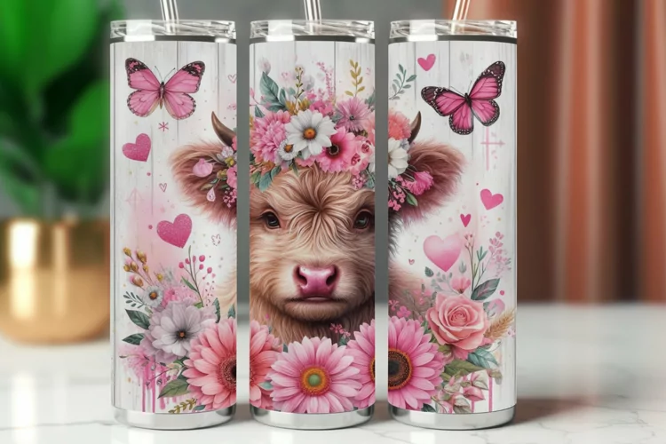 Tumbler Wrap 20 oz - pink floral highland cow