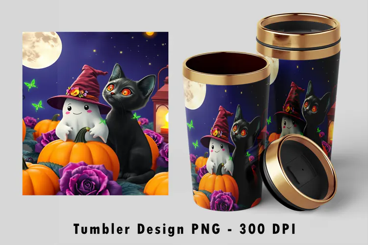 Cute Ghost Black Cat Halloween 20oz Tumbler Wrap PNG