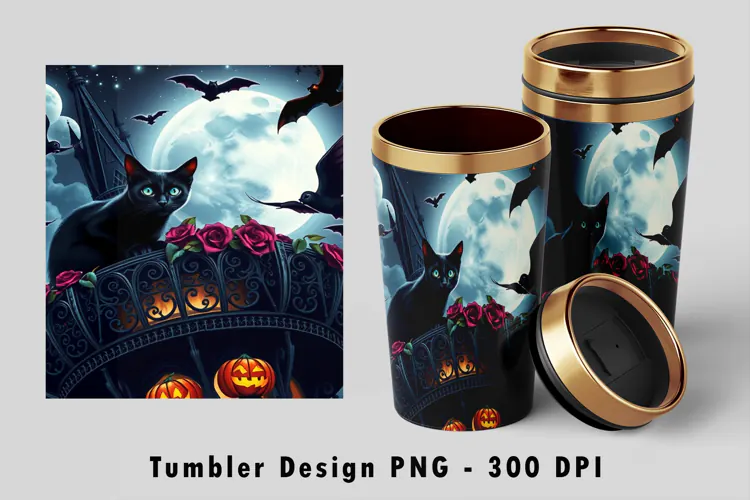 Gothic Black Cat Balcony Full Moon Halloween 20oz Tumbler
