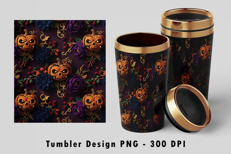 Crochet Gothic Pumpkin Rose Tumbler Sublimation PNG 300 DPI example image 1