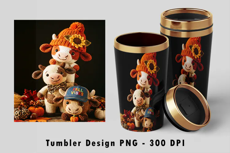 Crochet Fall Cows Tumbler Sublimation PNG