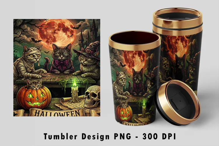 Spooky Halloween Cats Tumbler Wrap PNG