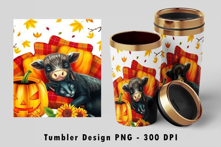 Cozy Sleeping Calf Black Cat Pumpkin 20oz Tumbler Wrap PNG example image 1