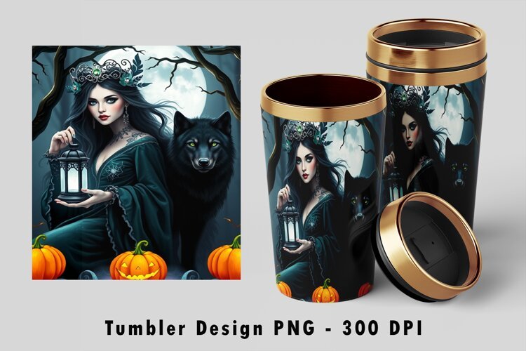 Gothic Forest Witch Black Wolf Lantern 20oz Tumbler Wrap example image 1