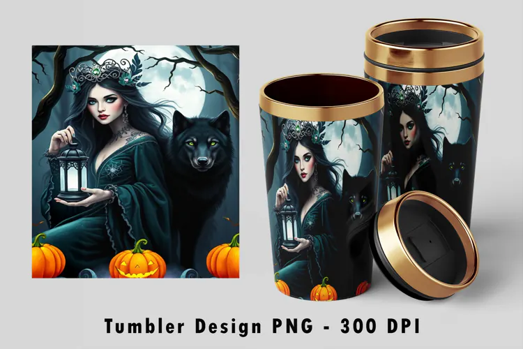 Gothic Forest Witch Black Wolf Lantern 20oz Tumbler Wrap