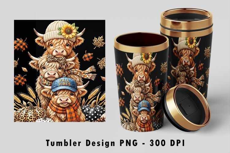 Autumn Stacked Highland Cow Tumbler Wrap PNG 300 DPI example image 1