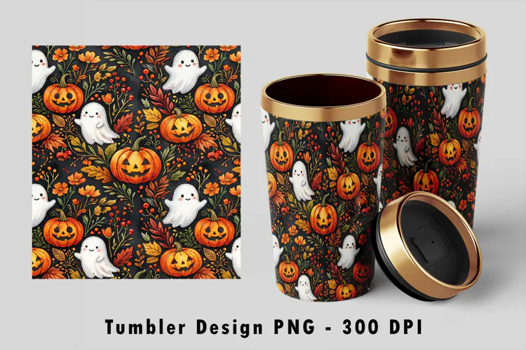 Cute Ghost Pumpkin Botanical Tumbler PNG 300 DPI