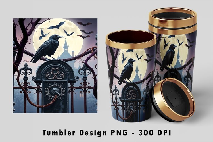 Gothic Raven Cemetery Gate Halloween 20oz Tumbler Wrap example image 1