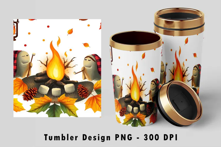 Cute Ghost Campfire Roasting Tumbler Sublimation PNG 300 DPI