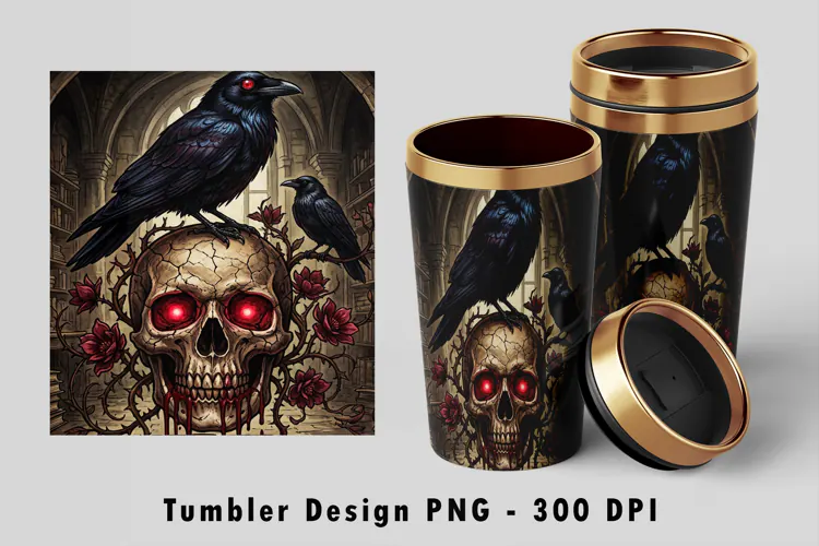 Gothic Raven Skull Rose Tumbler PNG 300 DPI