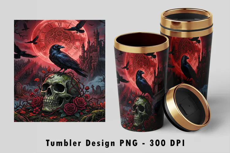 Gothic Blood Moon Raven Tumbler PNG 300 DPI