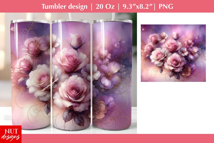 Watercolor flowers tumbler wrap, Roses tumbler sublimation