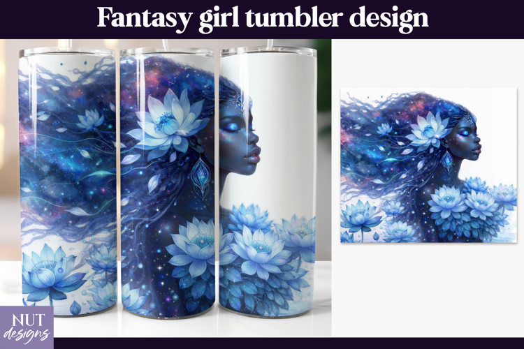 Cosmic Lotus Fairy Tumbler, Mystical Black Woman Tumbler