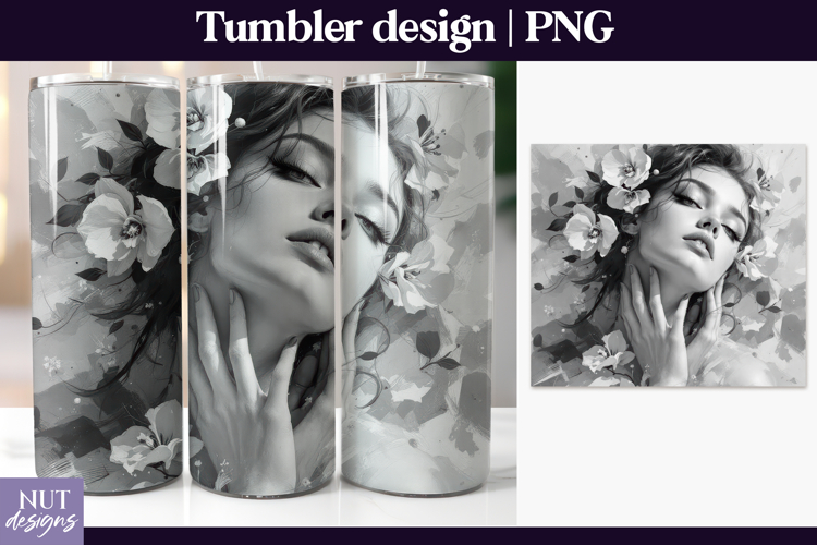 Grayscale Floral Muse woman Tumbler Orchid fairy tumbler