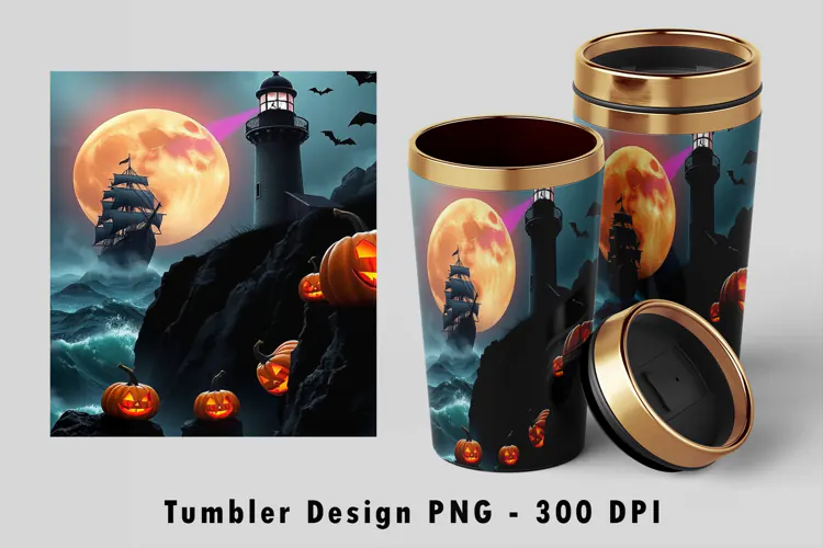 Gothic Ghost Ship Lighthouse Full Moon 20oz Tumbler Wrap