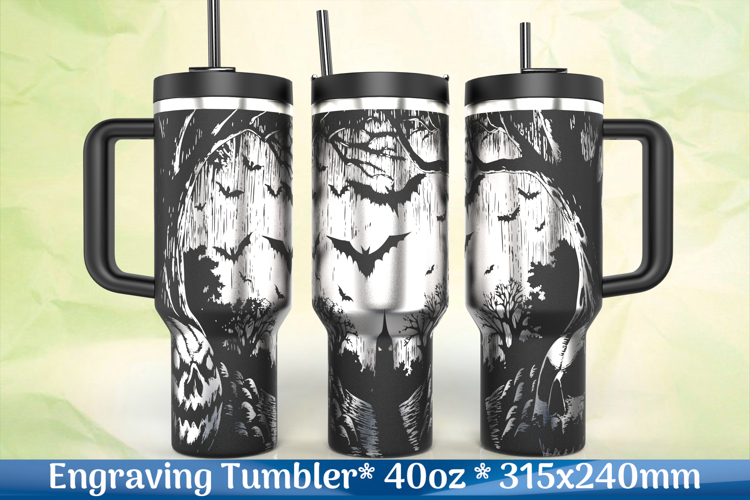 Halloween Pumpkins Forest Bats Engraving SVG