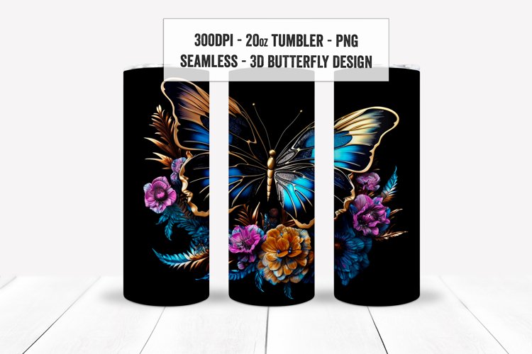 3D Floral Gold Butterfly Tumbler Sublimation Wrap, Seamless