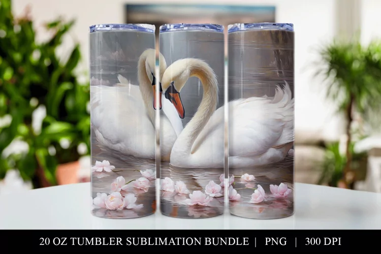 Watercolor White Swans 20 oz Skinny Tumbler Sublimation PNG