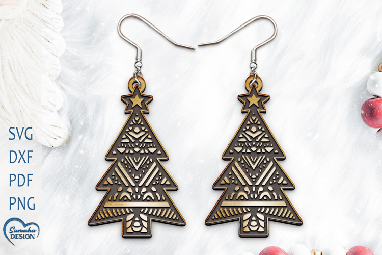 Christmas Earrings Laser Cut. Christmas Tree Laser Cut.