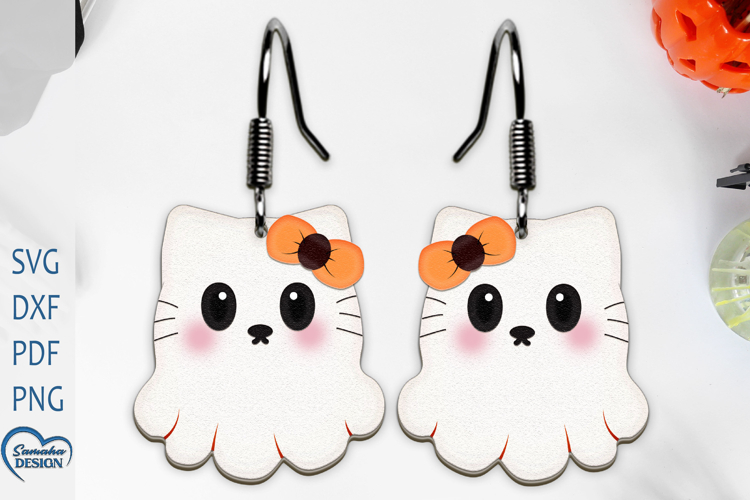 Earrings Laser Cut. Cute Ghost Laser Cut. Halloween Cute Cat