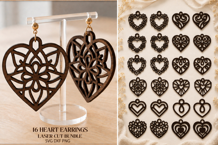 Heart Earrings Laser Cut Bundle. Boho Earrings Laser Cut.