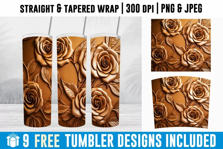 Tooled Rose Tumbler Wrap | 3d Golden Rose Tumbler | 3d Rose