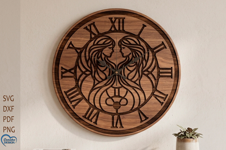 Gemini Zodiac Wall clock laser cut. Clock face.