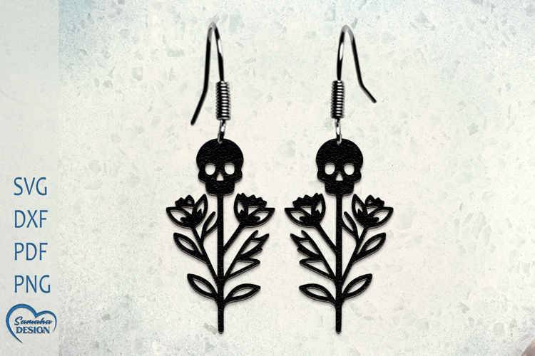 Earrings Laser Cut. Flower Scull Laser Cut. Halloween Scull.