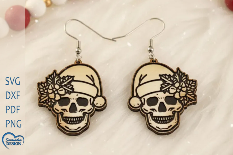 Christmas Earrings Laser Cut. Christmas Scull Engraved.
