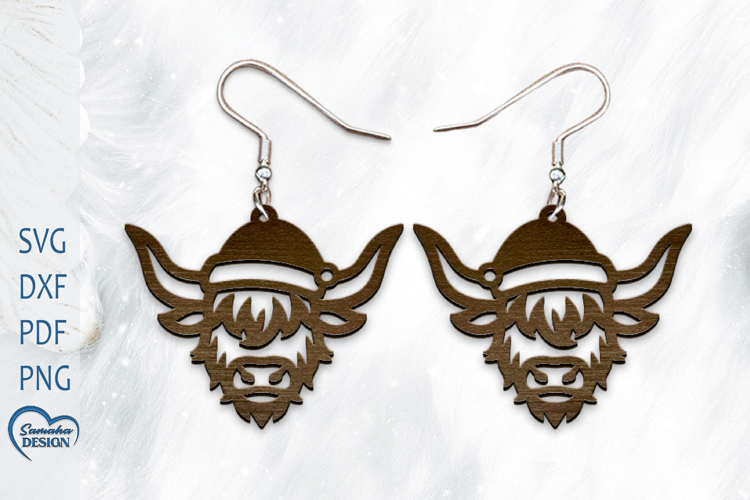Christmas Earrings Laser Cut. Christmas Highland Cow Laser.