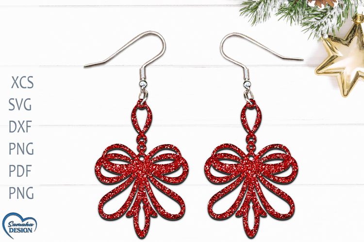 Christmas Earrings Laser Cut. Christmas Bow Laser Cut.
