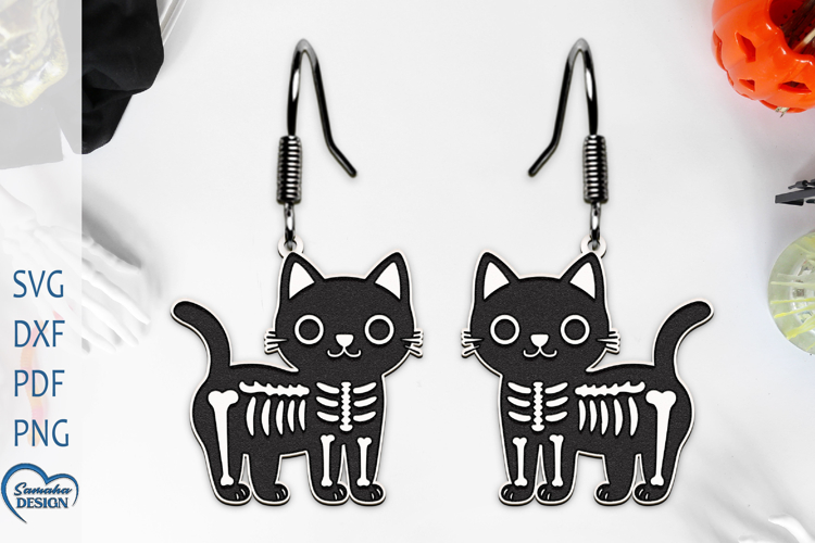Halloween Cute Cat Skeleton Earrings Laser Cut.