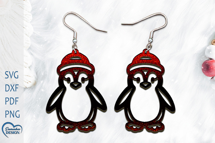 Christmas Earrings Laser Cut. Christmas penguin Laser Cut.