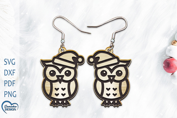 Christmas Earrings Laser Cut. Christmas owl Laser Cut.