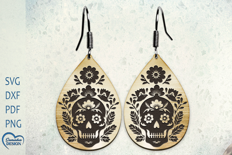 Earrings Laser Cut. Flower Scull Laser Cut. Halloween Scull.