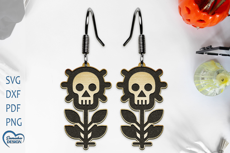 Earrings Laser Cut. Flower Scull Laser Cut. Halloween Scull.