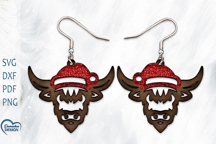 Christmas Earrings Laser Cut. Christmas Highland Cow Laser.