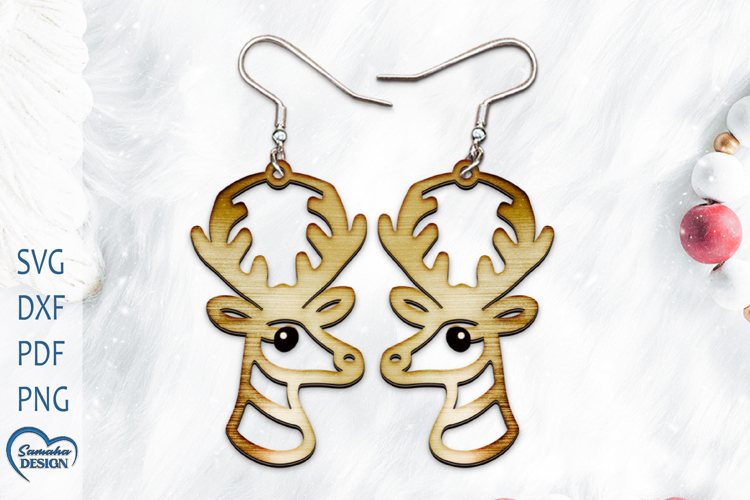 Christmas Earrings Laser Cut. Christmas Deer Laser Cut.