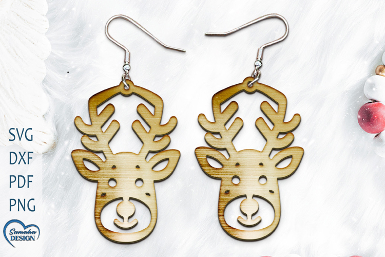 Christmas Earrings Laser Cut. Christmas Deer Laser Cut.