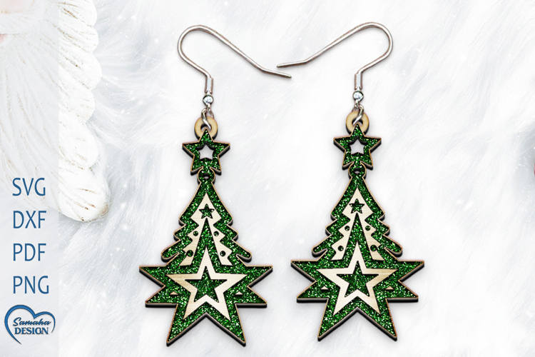 Christmas Earrings Laser Cut. Christmas Tree Laser Cut.