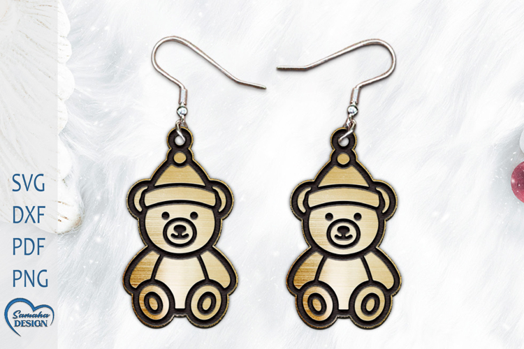 Christmas Earrings Laser Cut. Christmas Bear Laser Cut.