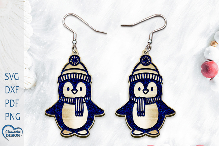 Christmas Earrings Laser Cut. Christmas penguin Laser Cut.