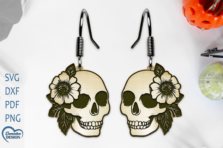 Earrings Laser Cut. Flower Scull Laser Cut. Halloween Scull.