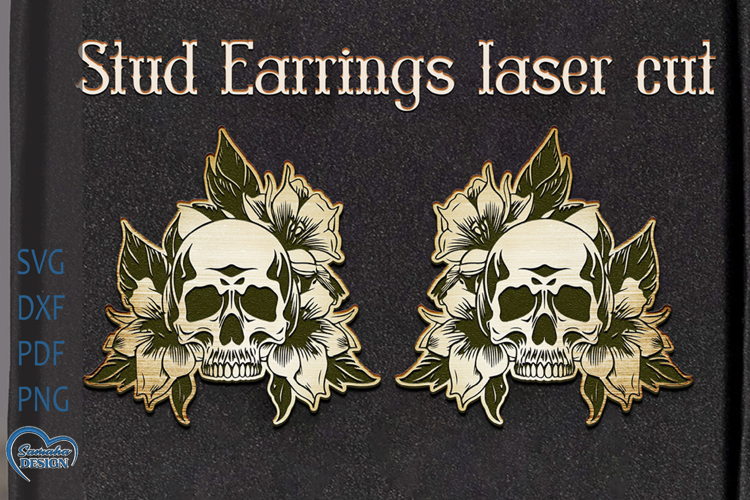 Earrings Laser Cut. Flower Scull Laser Cut. Halloween Scull.