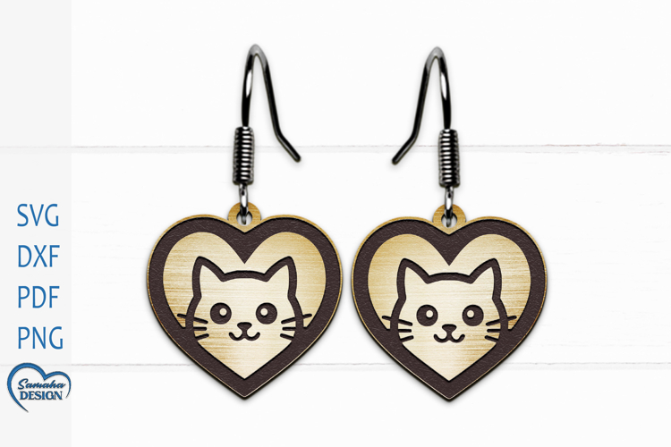 Cute Cat Earrings Laser Cut. Heart Earrings Laser Cut.