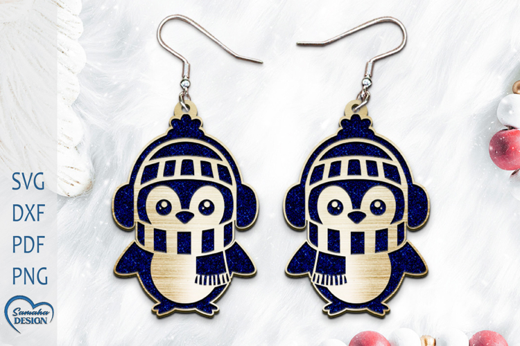 Christmas Earrings Laser Cut. Christmas penguin Laser Cut.