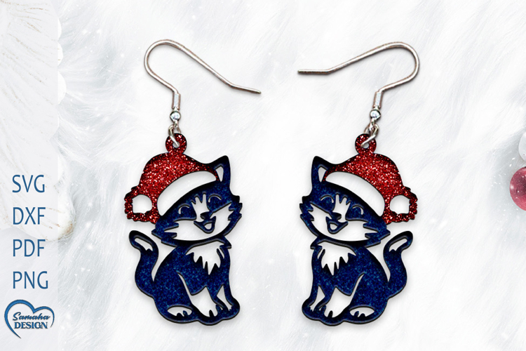 Christmas Earrings Laser Cut. Christmas Cat Laser Cut.