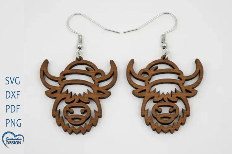 Christmas Earrings Laser Cut. Christmas Highland Cow Laser.