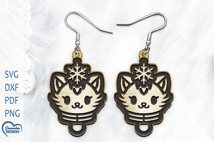 Christmas Earrings Laser Cut. Christmas Cat Laser Cut.