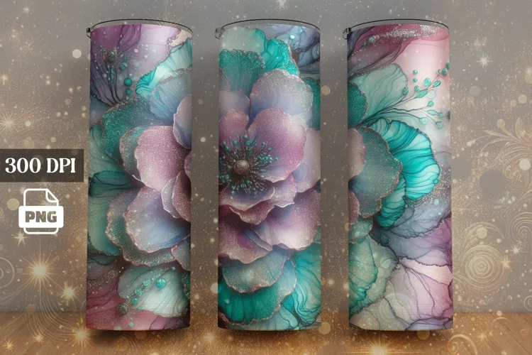 Teal Ink Flower Tumbler Warp, 20 OZ Skinny Tumbler Design